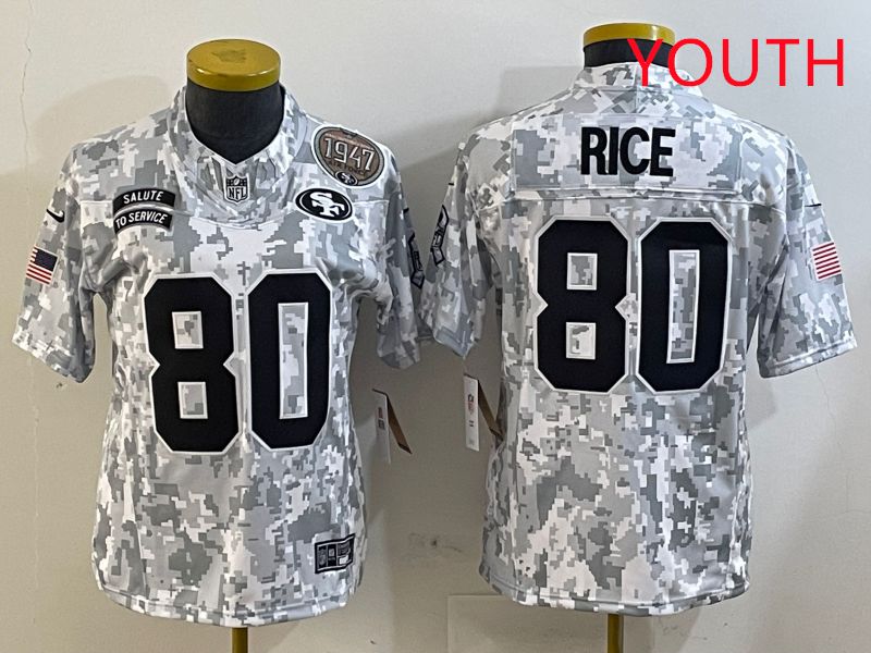 Youth San Francisco 49ers #80 Rice Nike Arctic Camo 2025 Salute to Service Limited NFL Jersey style 2